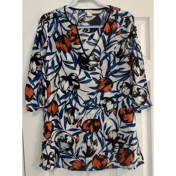 J. Crew Blouse Womens Small Tunic Top Floral Kaftan 3/4 Sleeve V Neck Cover Up - Picture 1 of 11